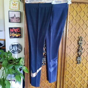 NIKE Graphic Logo Cotton Tights Blue Camo, Rose Gold Swoosh - Size M, Lot of 2!!